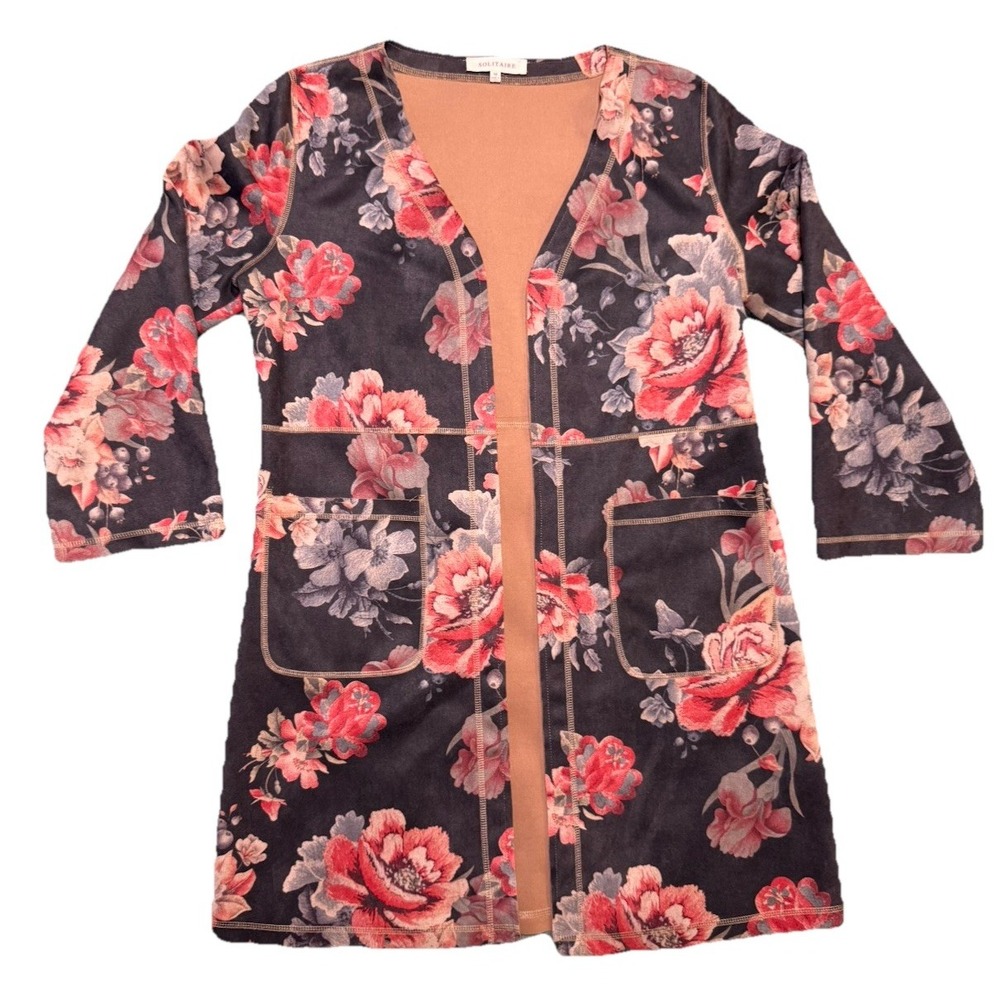 Solitaire Cardigan Jacket‎ Womens Medium Pink Floral Mid Length Boho Lagenlook